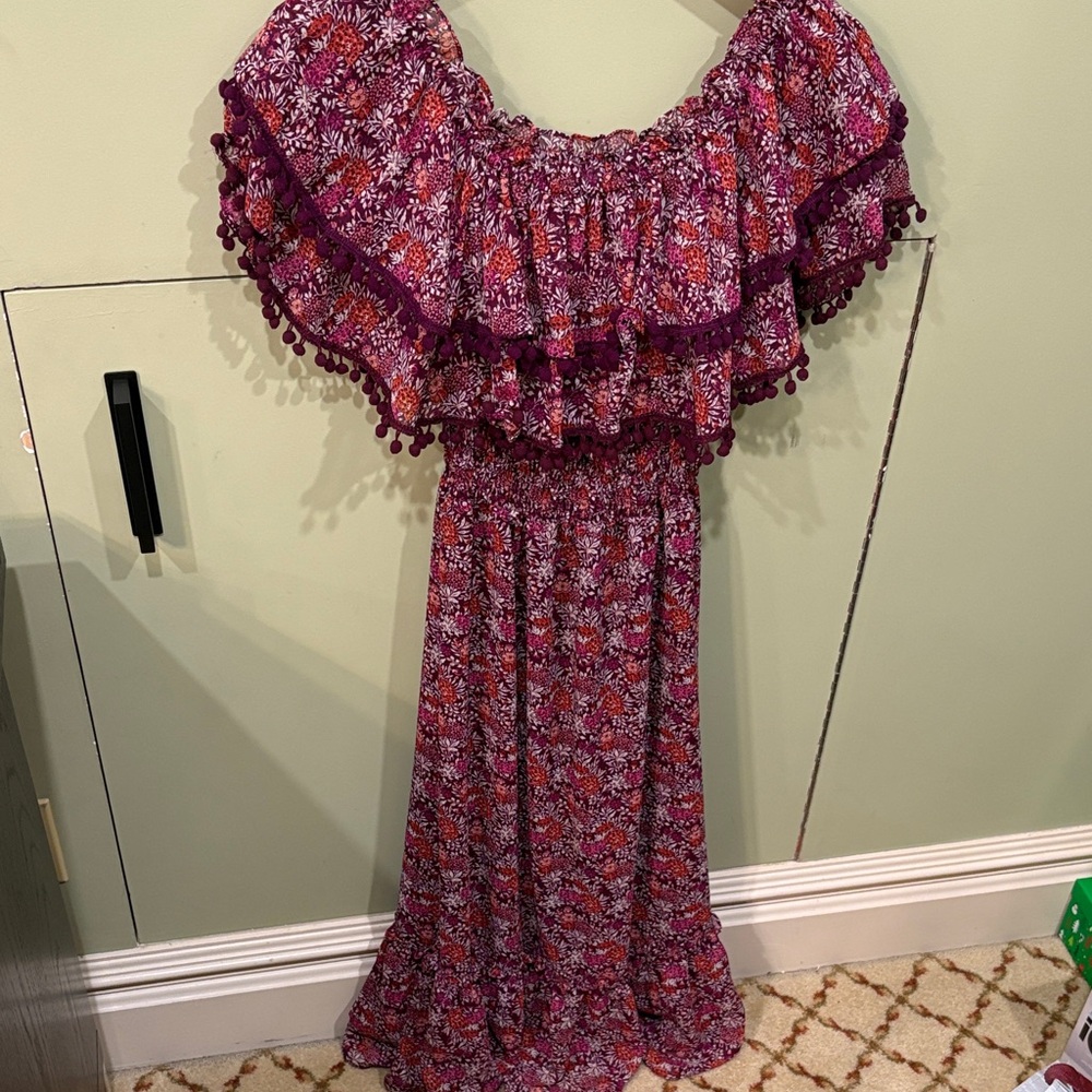 ✨ MISA Los Angeles Off Shoulder Pom Pom Floral Maxi Dress Smocked S ✨